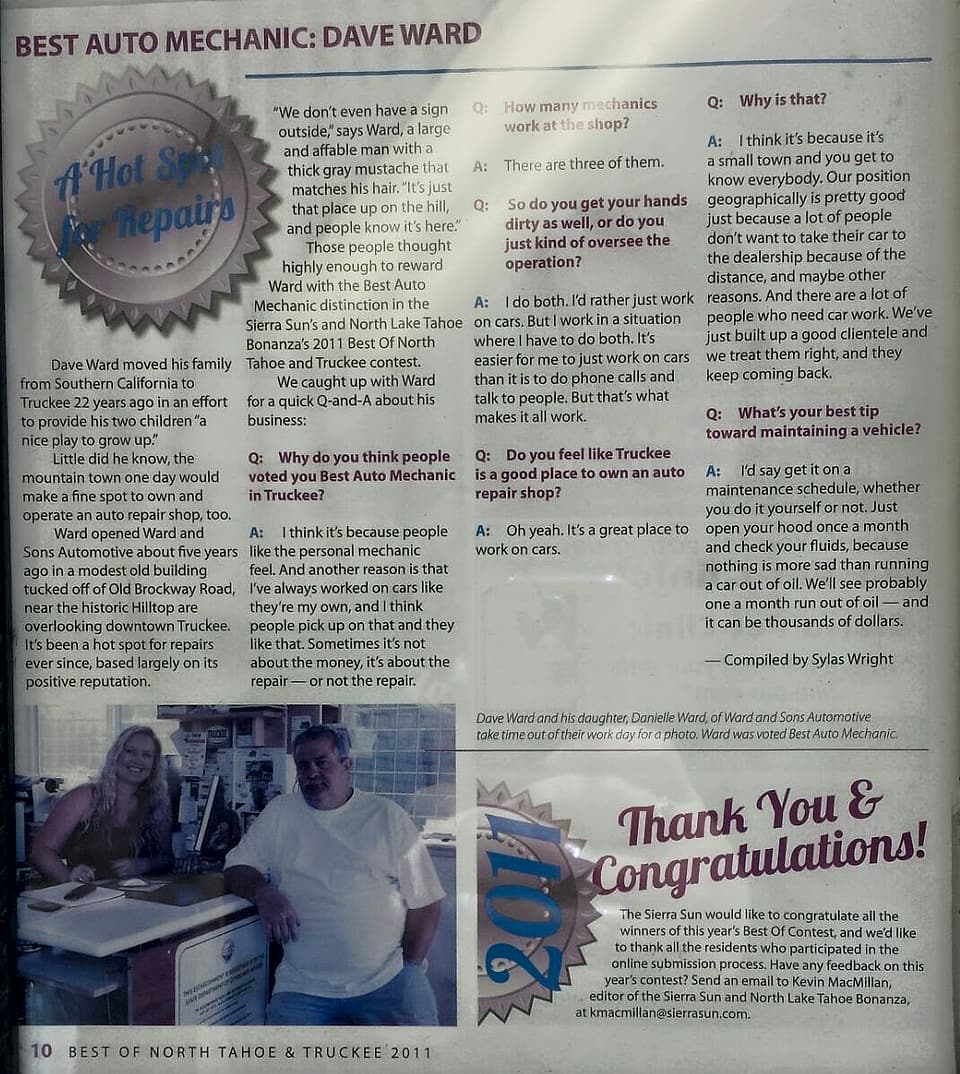 Sierra Sun magazine page from 2011 with a photo of Dave Ward and his daughter Danielle at the shop counter